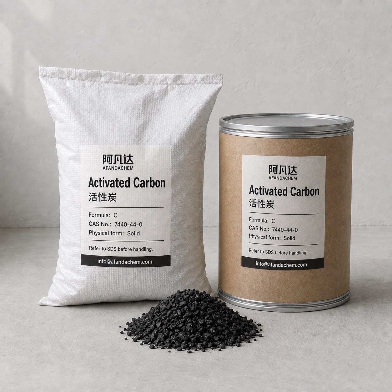 AFANDACHEM Activated Carbon: Solid product · Bag and fiber drum illustration