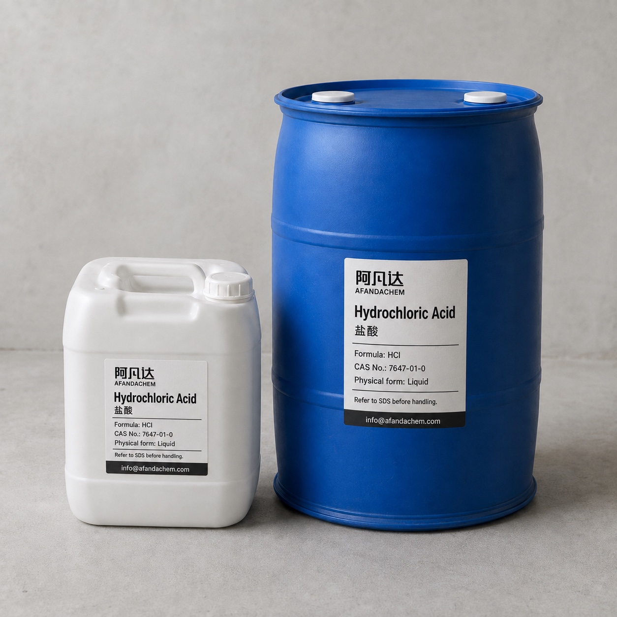 AFANDACHEM Hydrochloric Acid: Liquid product · Drum and jerrycan illustration