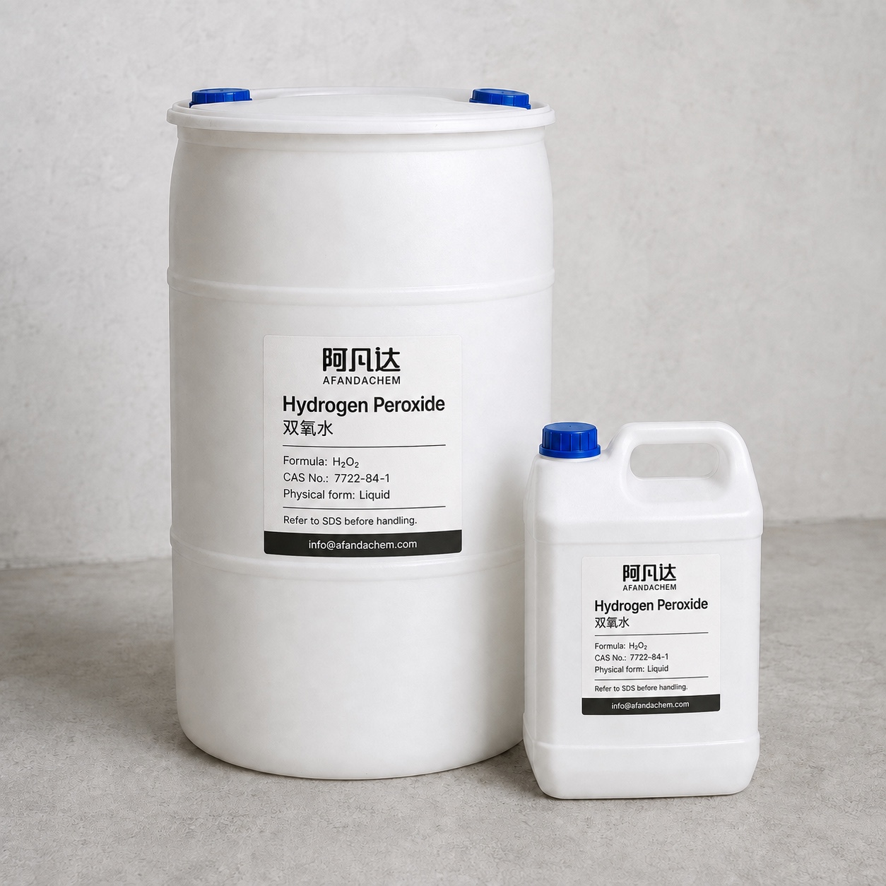 AFANDACHEM Hydrogen Peroxide: Liquid product · Drum and jerrycan illustration