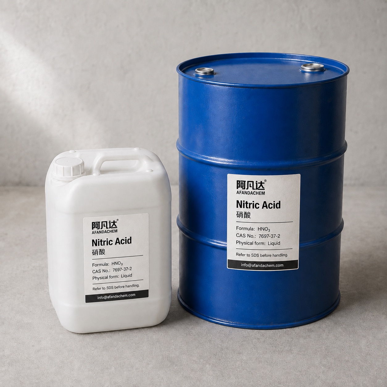 AFANDACHEM Nitric Acid: Liquid product · Drum and jerrycan illustration