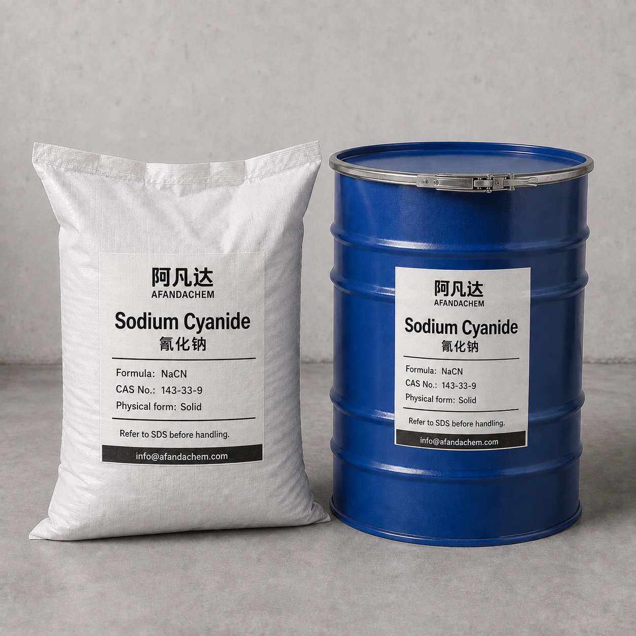 AFANDACHEM Sodium Cyanide: Solid product · Bag and drum illustration