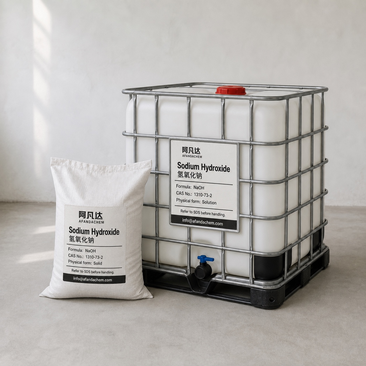 Sodium hydroxide packaging illustration: bag for solid product and IBC for solution