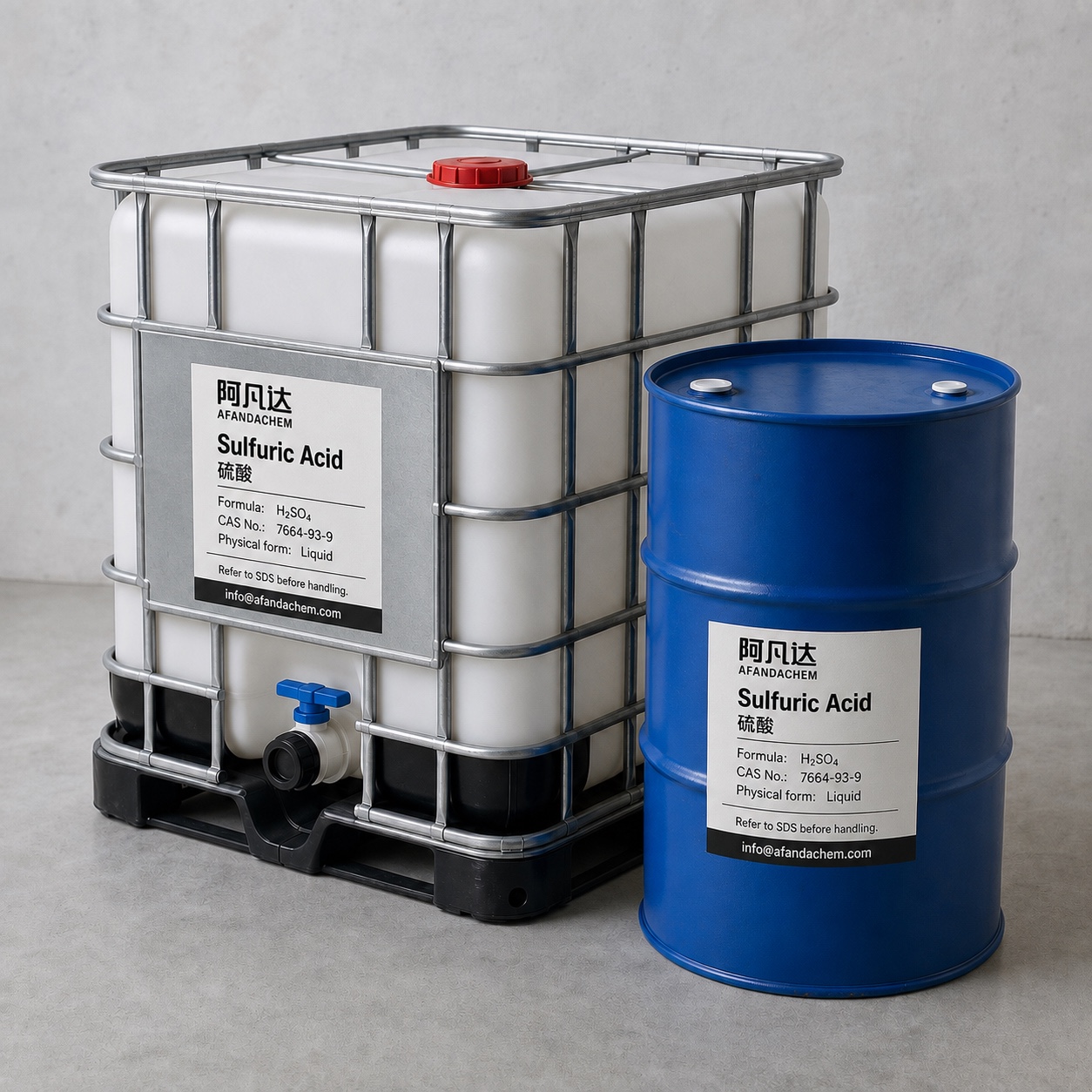 AFANDACHEM Sulfuric Acid: Liquid product · IBC and drum illustration